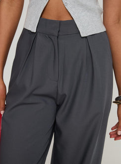 side view of model wearing Princess Polly Relaxed Pants Charcoal High Waisted Pants 