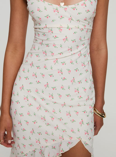 back view of model wearing Princess Polly Roulette Midi Dress Cream Floral Scoop Neck 