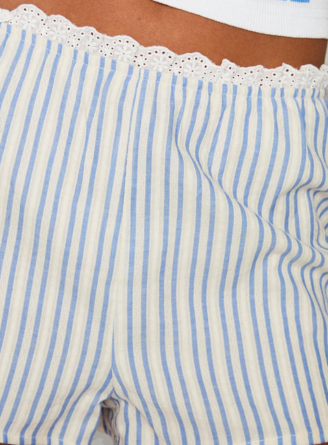 back view of model wearing Princess Polly Merrilaine Micro Shorts Blue / White Stripe High Waisted Shorts 