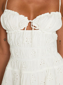 back view of model wearing Princess Polly Wish Me Luck Shirred Mini Dress White Sweetheart Neckline 
