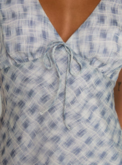 back view of model wearing Princess Polly My Last Love Top Blue Check Short Sleeves Plunger 