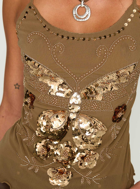 back view of model wearing Princess Polly Start Of Summer Sequin Top Brown Sleeveless Scoop Neck 