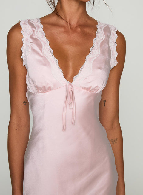 back view of model wearing Princess Polly Liliya Lace Maxi Dress Pink Plunger 