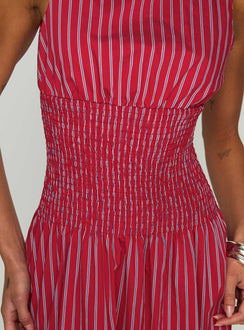 back view of model wearing Princess Polly Lilienne Cotton Poplin Maxi Dress Red Stripe Crew Neck 