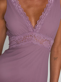 back view of model wearing Princess Polly Between The Lines Lace Trim Maxi Dress Purple Plunger 