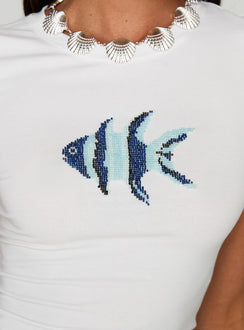 back view of model wearing Princess Polly Rising Sun Beaded Top White Short Sleeves Crew Neck 