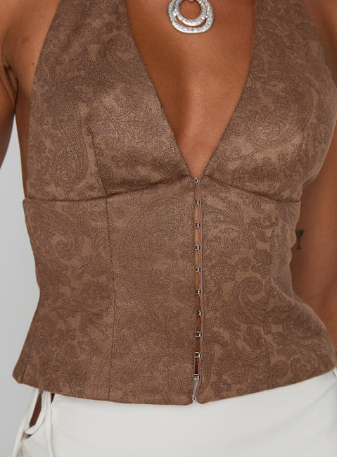 back view of model wearing Princess Polly Down The Line Halter Top Brown Sleeveless Plunger 