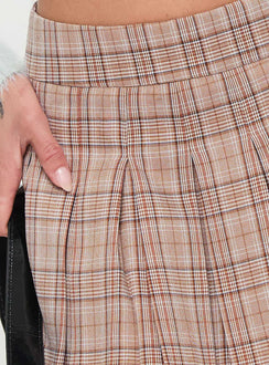 back view of model wearing Princess Polly Closer To You Low Waist Mini Skirt Brown Check Mini Skirts 