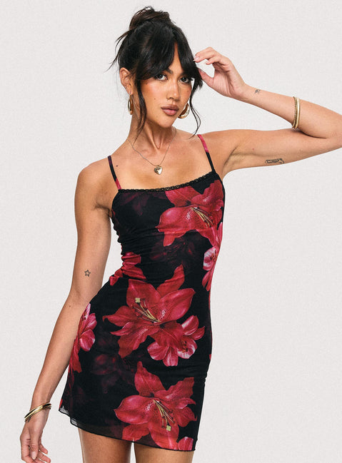 front view of model wearing Princess Polly Kellers Mini Dress Black Floral Tall Square Neck 