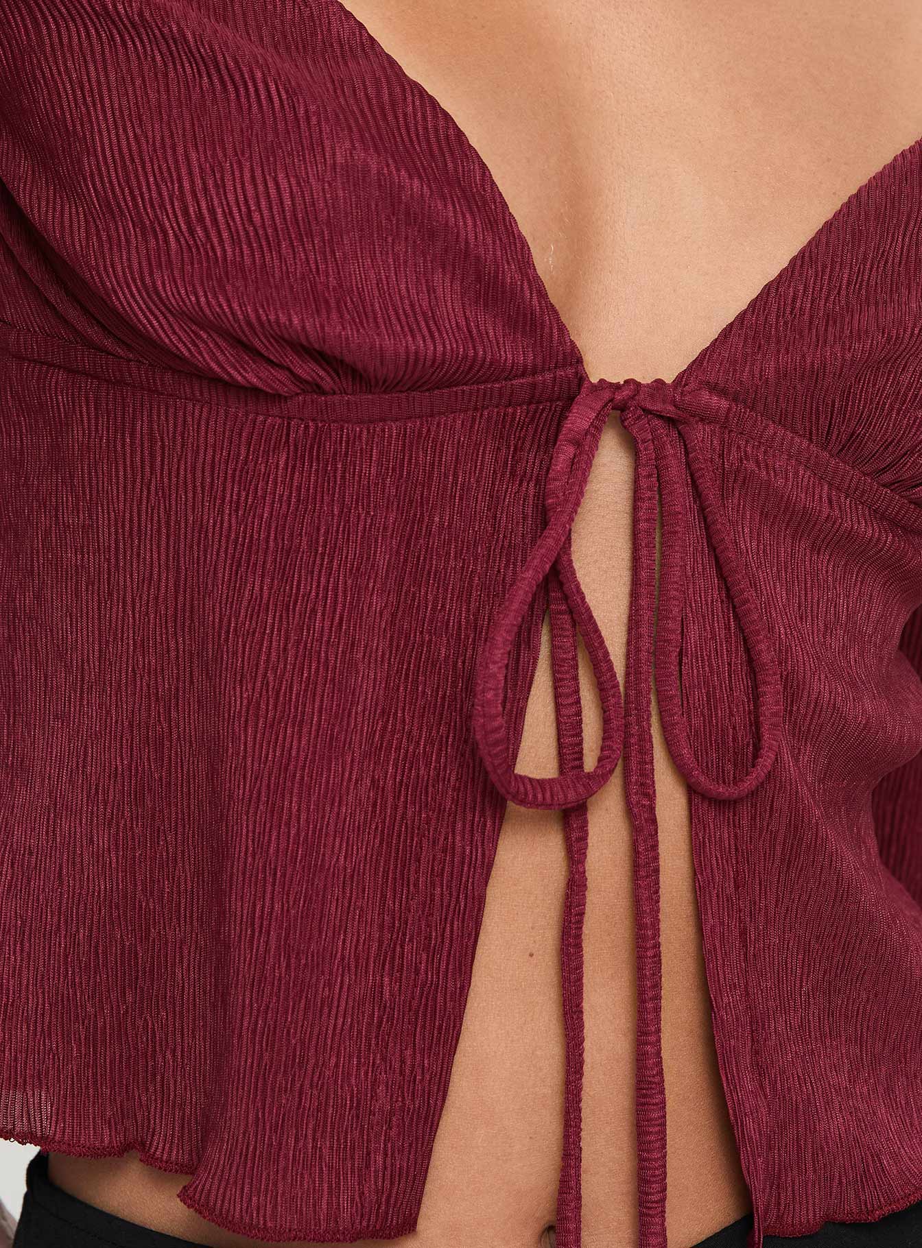 back view of model wearing Princess Polly Chantria Long Sleeve Halter Top Burgundy Full Sleeves Sweetheart 