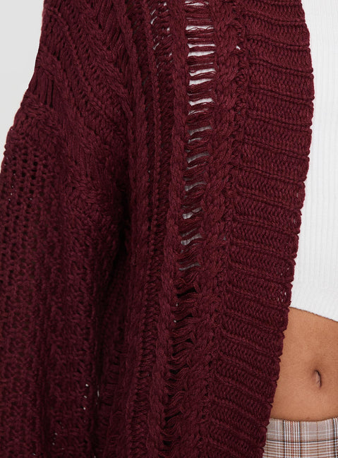 Abner Cable Cardigan Burgundy Princess Polly  Cropped 