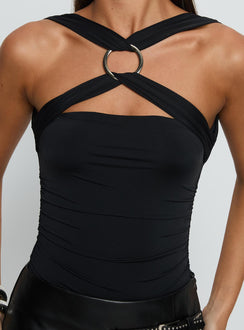 side view of model wearing Princess Polly Destanee Ring Detail Bodysuit Black Sleeveless 