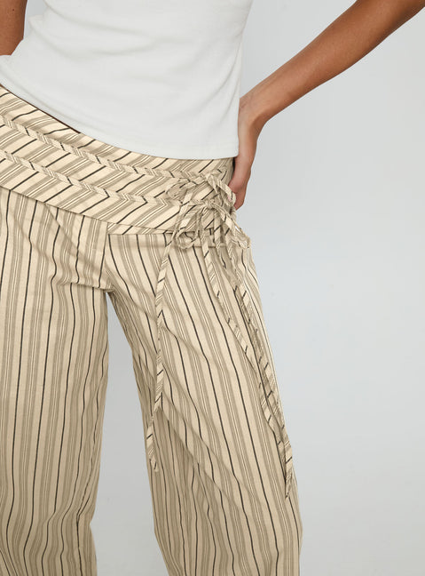 back view of model wearing Princess Polly Seneca Wrap Pant Beige Stripe Mid Rise Pants 