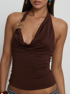 Yazmeen Cowl Neck Hardware Detail Top Chocolate