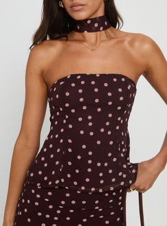 Sydni Scarf Detail Strapless Top Chocolate / Pink Polka