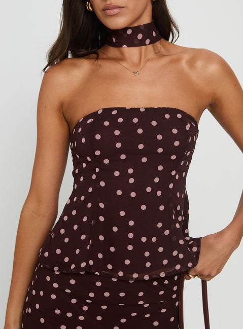 Sydni Scarf Detail Strapless Top Chocolate / Pink Polka