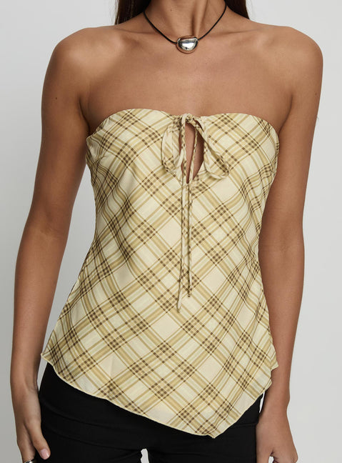 I Wonder Strapless Cut Out Top Yellow Check