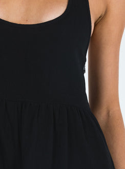 Black romper Halter neck tie fastening Scooped neckline Low back Invisible zip fastening at side