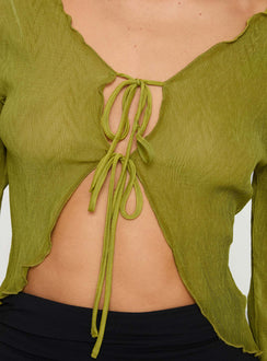 front view of model wearing Princess Polly Undone Long Sleeve Top Green Full Sleeves Scoop Neck 