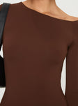 Chocolate long sleeve mini dress Off shoulder style, slim fitting