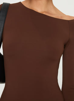 product Princess Polly Kataline Long Sleeve Mini Dress Chocolate Asymmetric Neckline 