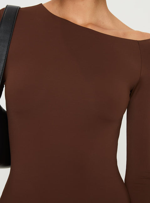 product Princess Polly Kataline Long Sleeve Mini Dress Chocolate Asymmetric Neckline 