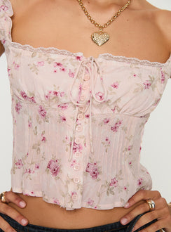 back view of model wearing Princess Polly Rinza Top Pink Floral Short Sleeves Square Neck 