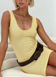 Front view of model wearing  front Princess Polly Scoop Neck  Eberose Reversible Mini Dress Yellow