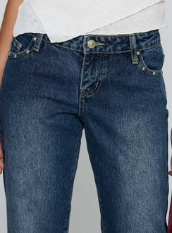 side view of model wearing Princess Polly So Dazzling Studded Low Rise Jeans Dark Wash Low Rise Jeans 