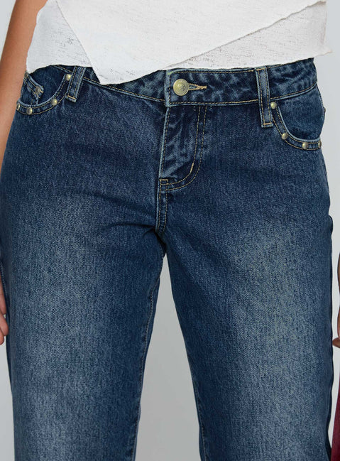 side view of model wearing Princess Polly So Dazzling Studded Low Rise Jeans Dark Wash Low Rise Jeans 