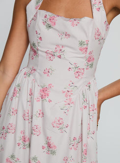 back view of model wearing Princess Polly Sunfields Halter Maxi Dress Multi Square Neck 