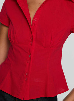 back view of model wearing Princess Polly Cottesloe Blouse Top Red Short Sleeves V-Neck 