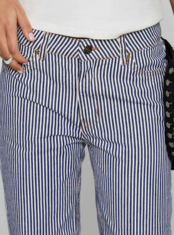 back view of model wearing Princess Polly Top Model Jean Navy Stripe Low Rise Pants 