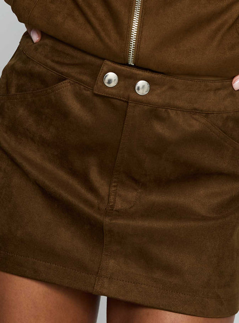 back view of model wearing Princess Polly Rhodeo Mini Skirt Brown Mini Skirts 