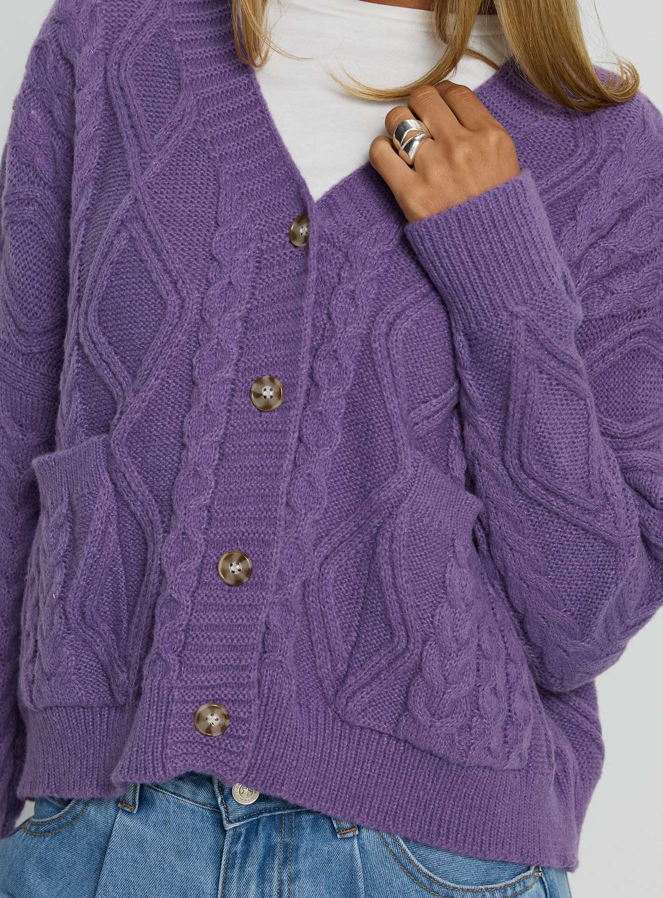 front view of model wearing Princess Polly Dillian Cable Knit Cardigan Purple Cropped 