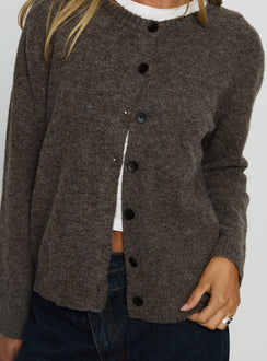 front view of model wearing Princess Polly Better Than Fiction Cardigan Mocha Cropped Jumpers 