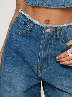 side view of model wearing Princess Polly Vihaan Wide Leg Pants Blue Wash High Waisted Pants 