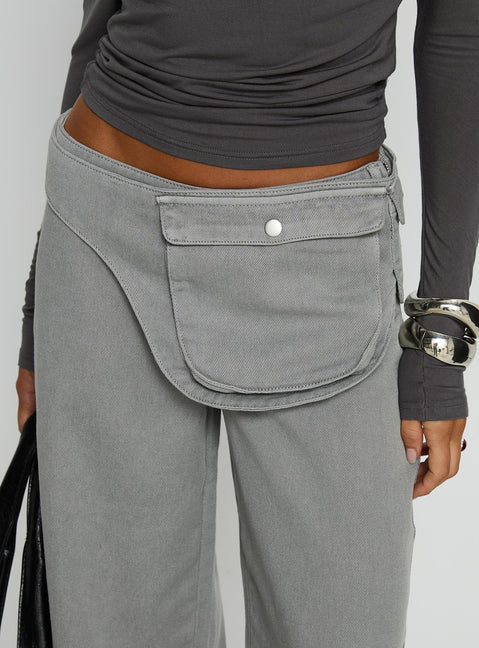 front view of model wearing Princess Polly Incognito Low Rise Wide Leg Cargo Jeans Grey Low Rise Jeans 