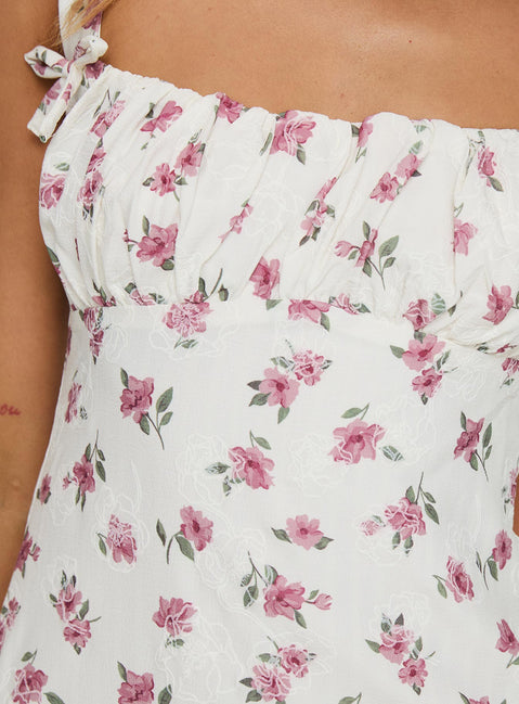 back view of model wearing Princess Polly Hughie Mini Dress White / Red Floral Square Neck 