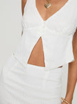 Two piece set Crop top, fixed shoulder straps, v-neckline, button fastening at bust, split hem High-rise mini skirt, invisible zip fastening at side Non-stretch material, fully lined