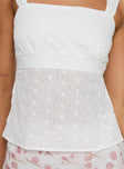 Broderie anglaise crop top Fixed shoulder straps, square neckline, shirred band at back Non-stretch material, lined bust