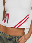 back view of model wearing Princess Polly Fast 67 Tank Top White / Red Sleeveless Crew Neck 