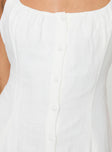 White Linen mini dress Adjustable shoulder straps, scooped neckline, button fastening down front, waist tie fastening at back