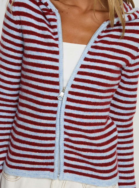 back view of model wearing Princess Polly Superstars Zip Through Hoodie Blue / Red Stripe cropped 