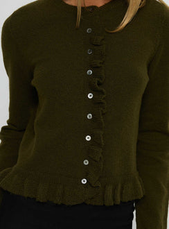 back view of model wearing Princess Polly Inclination Frill Cardigan Moss Cropped 