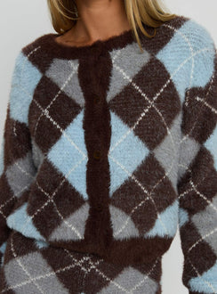 back view of model wearing Princess Polly Kenlea Button Up Cardigan Blue Argyle Cropped Jumpers 