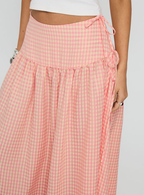 back view of model wearing Princess Polly Analeah Tie Side Midi Skirt Orange Check Maxi 