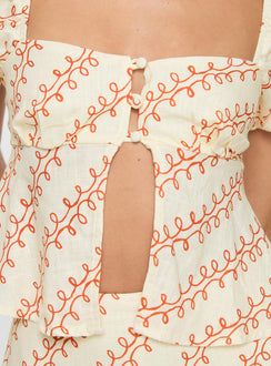 back view of model wearing Princess Polly Passionfruit Linen Blend Top Multi Short Sleeves Square Neck 