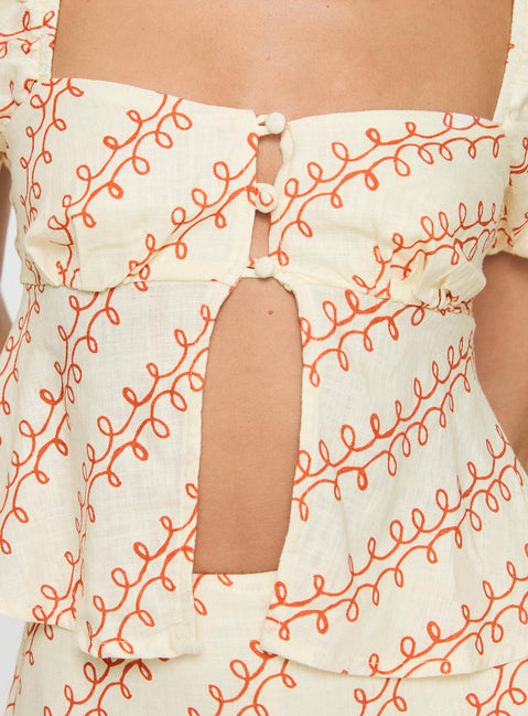 back view of model wearing Princess Polly Passionfruit Linen Blend Top Multi Short Sleeves Square Neck 