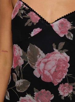 back view of model wearing Princess Polly Manolis Maxi Dress Black / Floral V-Neck 